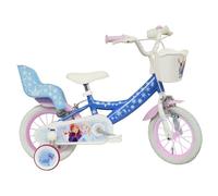 Vélo enfant 12'' Reine des Neiges équipé de 2 freins, panier avant, porte poupée, stabilisateurs & pneus gonflables !