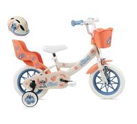 Disney Vélo enfant 12'' Stitch - Casque inclus, 1 frein, panier avant, porte-poupée, stabilisateurs