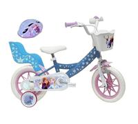 Vélo enfant - Modèle 12'' Reine des Neiges de Disney pour fille de taille 85 à 100 cm équipé de 1 frein, porte poupée, panier avant, garde boues, stabilisateurs + Casque Frozen Rose/Blance G