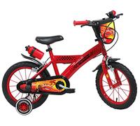 Vélo Enfant 14'' Cars/Disney équipé de 2 Freins, Plaque Avant décorative, Porte Bidon et Bidon arrière, Garde boues, Carter et stabilisateurs