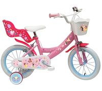 Vélo Enfant 14'' Fille Princess de Disney équipé de 2 Freins, Porte Poupée, Stabilisateurs et Panier Avant, Rose
