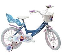 Vélo Enfant 16'' Fille Reine des Neiges/Frozen équipé de 2 Freins, Panier Avant, Porte poupée arrière, Garde-boues et Stabilisateurs.