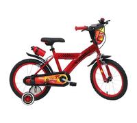 Vélo enfant - Modèle 16'' Cars de Disney pour garçon de taille 100 à 120 cm avec stabilisateurs, 2 freins, Bidon arrière et plaque avant décorative Rouge G
