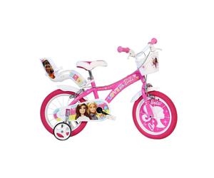 Vélo enfant 16 pouces DINO BIKES SPA Barbie blanc et rose, cadre acier, freins avant/arrière, garde-chaîne, selle et guidon réglables