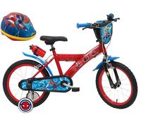 Vélo Enfant 16'' Spiderman/Marvel équipé de 2 Freins, Plaque Avant décorative, bidon arrière et Casque Spiderman Inclus !, Rouge identique aux Photos