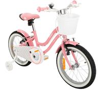 Vélo enfant Actionbikes Starlight 16 pouces, rose, avec stabilisateurs, panier, sonnette et protège-chaîne.