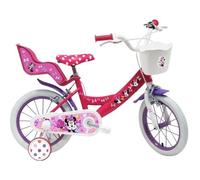 Vélo enfant Fille 14'' Minnie / Disney ( taille enfant 90 cm à 105 cm ) Blanc & Rose, équipé de 2 freins, porte poupée, panier
