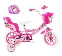 Vélo enfant - Modèle 12'' Minnie de Disney pour fille de taille 85 à 100 cm équipé de 1 frein, porte poupée, panier avant, garde boues, stabilisateurs + Casque Minnie Rose/Blance G