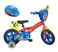 Vélo enfant - Modèle 12'' pour garçon de taille 85 à 100 cm équipé de 1 frein, 2 stabilisateurs, plaque avant décorative, bidon arrière + Casque Pat