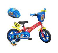 Vélo enfant - Modèle 12'' Pat Patrouille pour garçon de taille 85 à 100 cm équipé de 1 frein, 2 stabilisateurs, plaque avant décorative, bidon arrière + Casque Pat Patrouille Rouge, Bleu et Jaune G