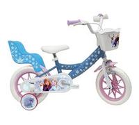 Vélo 12' Reine des Neiges/Frozen équipé de 1 Frein, Panier Avant, Porte poupée arrière, Garde boues, Carter et stabilisateurs, Bleu Ciel