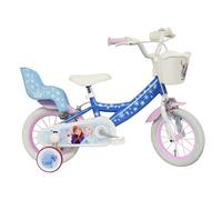 Vélo enfant - Modèle 12'' Reine des Neiges de Disney pour fille de taille 85 à 100 cm équipé de 2 freins, porte poupée, panier avant, garde boues,