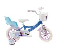 Vélo enfant - Modèle 12'' Reine des Neiges de Disney pour fille de taille 85 à 100 cm équipé de 1 frein, porte poupée, panier avant, garde boues, stabilisateurs Bleu & Blanc G