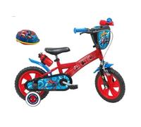 Vélo enfant - Modèle 12'' Spiderman pour garçon de taille 85 à 100 cm équipé de 1 frein, 2 stabilisateurs, plaque avant décorative, bidon arrière + Casque Spiderman Rouge/Bleu G