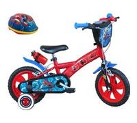Vélo enfant - Modèle 12'' Spiderman pour garçon de taille 85 à 100 cm équipé de 2 freins, 2 stabilisateurs, plaque avant décorative, bidon arrière + Casque Spiderman Rouge/Bleu G