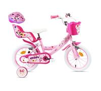 Vélo enfant - Modèle 14'' Minnie de pour fille de taille 95 à 105 cm avec stabilisateurs, 2 freins & Panier avant et Porte poupée + Casque Minnie