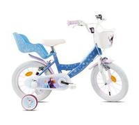Vélo enfant - Modèle 14'' Reine des Neiges de Disney pour fille de taille 95 à 105 cm avec stabilisateurs, 2 freins & Panier avant et Porte poupée Bleu & Blanc
