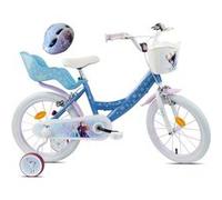 Vélo enfant - Modèle 16'' Reine des Neiges de Disney pour fille de taille 100 à 120 cm avec stabilisateurs, 2 freins & Panier avant et Porte poupée + Casque Frozen Bleu & Blanc G