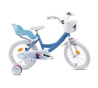 Vélo enfant - Modèle 16'' Reine des Neiges de Disney pour fille de taille 100 à 120 cm avec stabilisateurs, 2 freins & Panier avant et Porte poupée