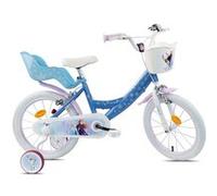 Vélo enfant - Modèle 16'' Reine des Neiges de Disney pour fille de taille 100 à 120 cm avec stabilisateurs, 2 freins & Panier avant et Porte poupée Bleu & Blanc