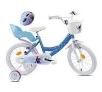 Vélo enfant - Modèle 16'' Reine des Neiges de Disney pour fille de taille 100 à 120 cm avec stabilisateurs, 2 freins & Panier avant et Porte poupée + Casque Frozen Bleu & Blanc