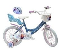 Vélo enfant - Modèle 16'' Reine des Neiges de Disney pour fille de taille 100 à 120 cm avec stabilisateurs, 2 freins & Panier avant et Porte poupée + Casque Frozen Bleu & Blanc G