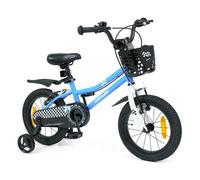 Vélo Enfant Roues 14'' COSTWAY, Stabilisateurs Amovibles, pour 3-5 Ans, Freins à Main, Panier Amovible, Pneus Antidérapants, Bleu