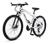 Vélo Tout Terrain Adulte 26 Pouces, Cadre Acier 43cm Blanc, Transmission Shimano 21 Vitesses, Fourche Suspension, Freins à Disque