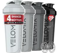 VELOMIX Lot de 4 bouteilles shaker de protéines de 800 ml pour mélanges de | Lot de 4 fouets en fil métallique anti-fuite pour shakes protéinés, empilables, passent au lave-vaisselle, sans BPA