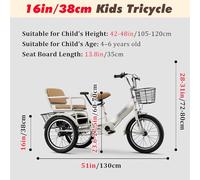 Vélos pour Enfants Tricycle Tandem 14 16 18 Pouces, Vélo Tricycle Tout-Petits avec Panier, Cadre Tricycle Acier À Haute Teneur Carbone, Vélo 3 Roues Enfants 2 À 9 Ans(Yellow,16in/38cm)