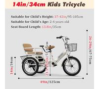 Vélos pour Enfants Tricycle Tandem 14 16 18 Pouces, Vélo Tricycle Tout-Petits avec Panier, Cadre Tricycle Acier À Haute Teneur Carbone, Vélo 3 Roues Enfants 2 À 9 Ans(Yellow,14in/34cm)