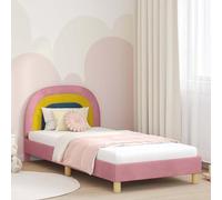 Velours Bois ingénierie Design épuré Chambre Moderne 90 x 190 cm Rose | Cadre de lit enfant avec tête de Rose 90x190 cm, lit simple en velours avec rangements, design moderne, sans sommier, montage