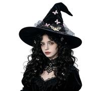 Velours Chapeau Sorcière Papillon Perle Tulle Fée Cosplay Halloween Femme | Coiffe courbée rêveuse ornée papillons dégradés perles et bordure gaze pour séance photo princesse forêt enchantée fête thème