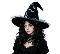 Velours Chapeau Sorcière Papillon Perle Tulle Fée Cosplay Halloween Femme | Coiffe courbée rêveuse ornée papillons dégradés perles et bordure gaze pour séance photo princesse forêt enchantée fête thème