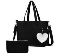 Velours Côtelé Tote Bag pour Femme Noir Grand Sac Shopping avec Fermeture Éclair, Sac à Main Shopping avec Porte-clés en Peluche d'Amour et Sac de Rangement pour Bureau Travail École et Voyages