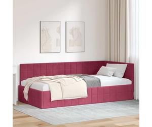 Velours Respirant Gain de Place Design en L Moderne 90x190cm Rouge | Cadre de lit d'angle Bordeaux 90 x 190 cm Velours avec tête de lit réversible et sommier à lattes pour petit espace