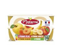 Velouté parfumé de fruits, compotes MATERNE 16 × 100 g - quatre recettes authentiques à base de pommes françaises, pêche, abricot et banane, 30 % moins de sucres - Lot de 3