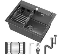 VELPAX Évier Cuisine 1 Bac 55 x 45 cm, Inox avec Filtre de Vidange, Évier à Poser avec Trous pour Robinets