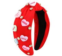 VELSCRUN Bandeau de Saint-Valentin pour femme - Bandeau en forme de cœur avec strass et strass - Rouge et rose - Large nœud supérieur - Accessoires pour cheveux de Saint-Valentin 01