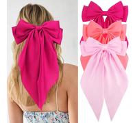 Velscrun Lot de 3 barrettes à cheveux surdimensionnées en satin rose fluo avec rubans pour femmes et filles, cadeaux