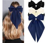 Velscrun Lot de 3 nœuds à cheveux pour femmes et filles avec nœud blanc, nœud noir, bleu marine, grands nœuds à cheveux en satin soyeux, grands rubans à cheveux surdimensionnés à longue queue