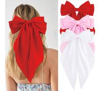 VELSCRUN Lot de 3 pinces à cheveux en satin soyeux pour femme en rouge, rose, blanc - Pinces à cheveux avec longue queue - Accessoires pour cheveux pour filles - Idéal pour les occasions spéciales