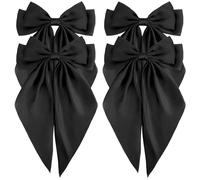 Velscrun Lot de 4 grands nœuds à cheveux noirs en satin soyeux pour femmes et filles, grands nœuds pour cheveux surdimensionnés, pinces à cheveux à longue queue, accessoires de Noël