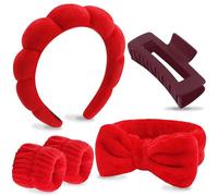 VELSCRUN Lot de 5 bandeaux en éponge gonflée rouge avec nœud papillon et pinces à cheveux pour lavage du visage, maquillage, soins du visage pour femmes et filles