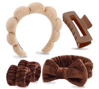 VELSCRUN Lot de 5 bandeaux spa pour lavage du visage, maquillage, soins de la peau du visage, bandeau éponge gonflée motif léopard orange, bandeau spa, nœud papillon, pinces à cheveux, accessoires