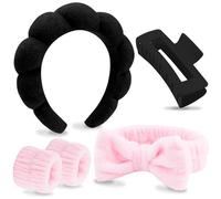 VELSCRUN Lot de 5 pinces à cheveux en éponge pour le lavage du visage, le maquillage, les soins du visage pour femmes et filles - Noir et rose