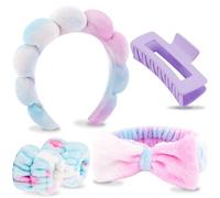 VELSCRUN Lot de 6 bandeaux colorés en éponge gonflée avec nœud papillon et pinces à cheveux pour lavage du visage, maquillage, soins du visage pour femmes et filles