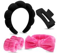 VELSCRUN Lot de 6 bandeaux de spa en éponge noire et rose avec nœud papillon pour lavage du visage, maquillage, soins du visage pour femmes et filles