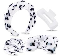 VELSCRUN Lot de 6 bandeaux en éponge bouffante motif léopard blanc avec nœud papillon et pinces à cheveux pour lavage du visage, maquillage, soins du visage pour femmes et filles