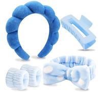 VELSCRUN Lot de 6 bandeaux en éponge gonflée bleu marine avec nœud papillon et pinces à cheveux pour lavage du visage, maquillage, soins du visage pour femmes et filles
